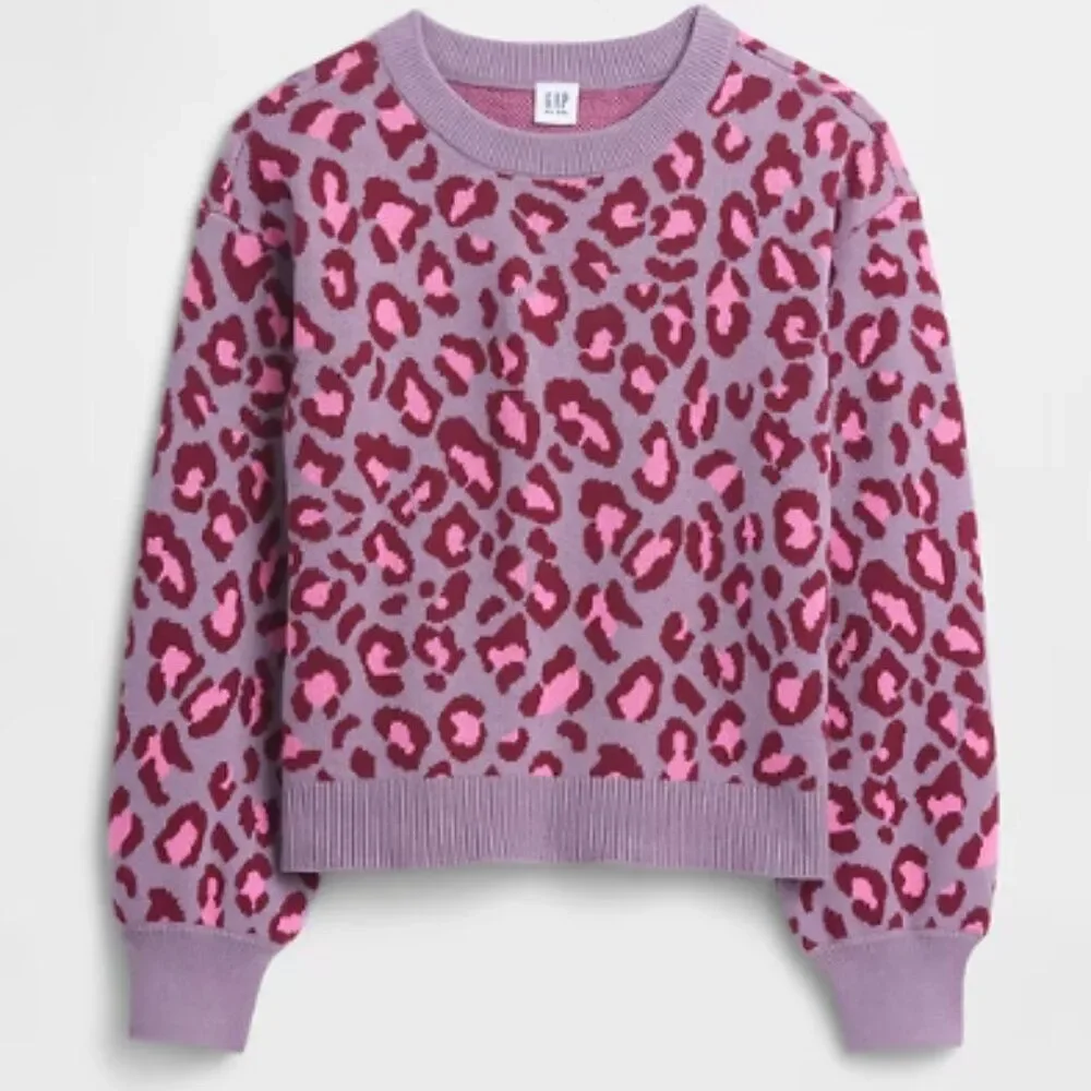 Gap Girl's Intarsia Sweater Dropped Shoulder Soft 100% Cotton Leopard Pink Knit